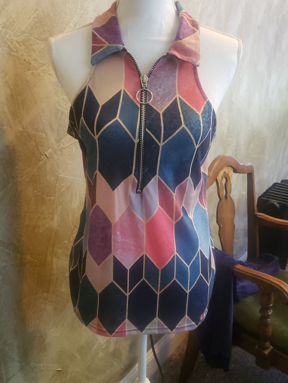 Geometric Zip-Front Halter Tank Top in Navy, Pink & Cream